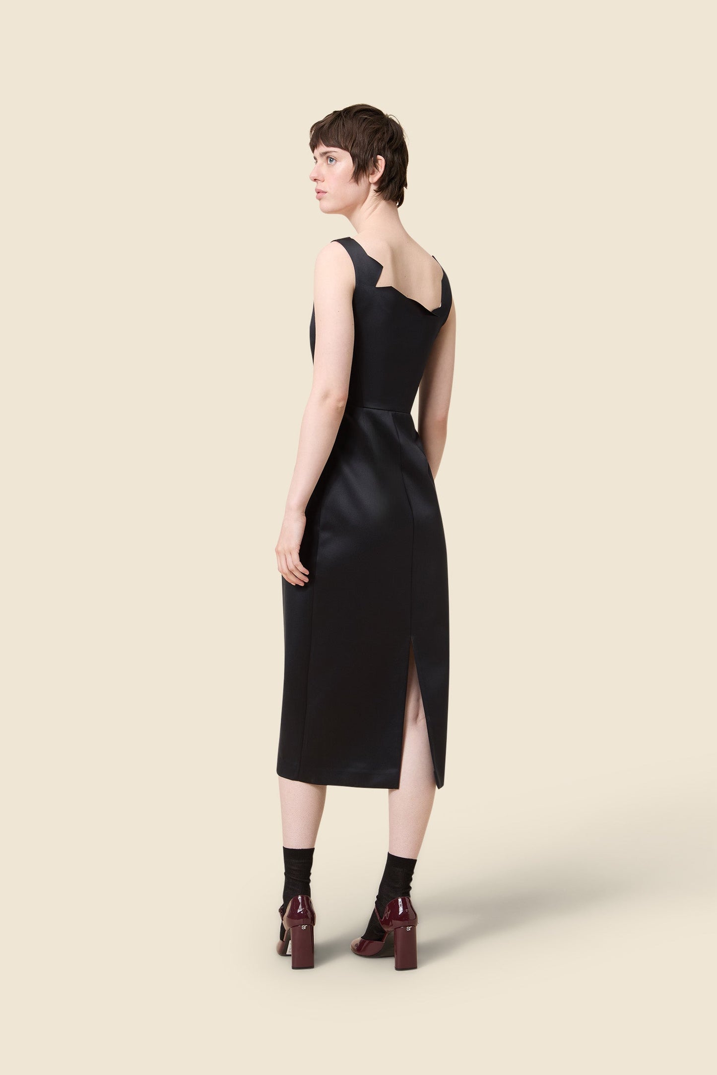 NECK CUT SATIN MIDI DRESS