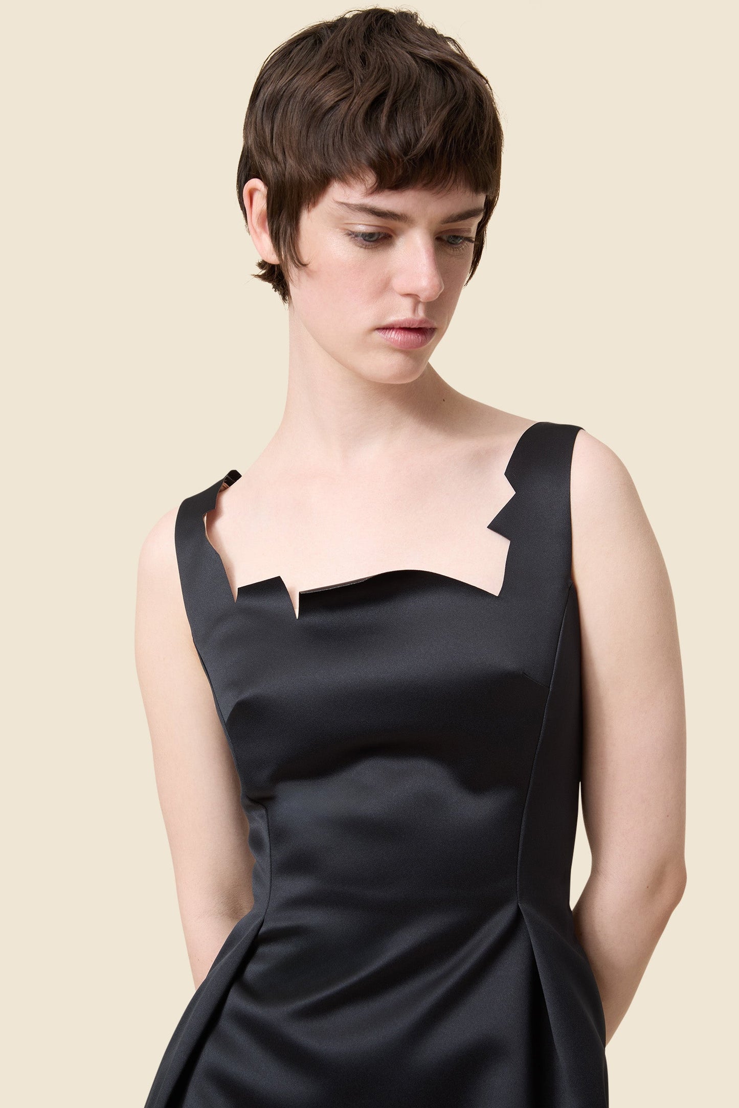 NECK CUT SATIN MIDI DRESS