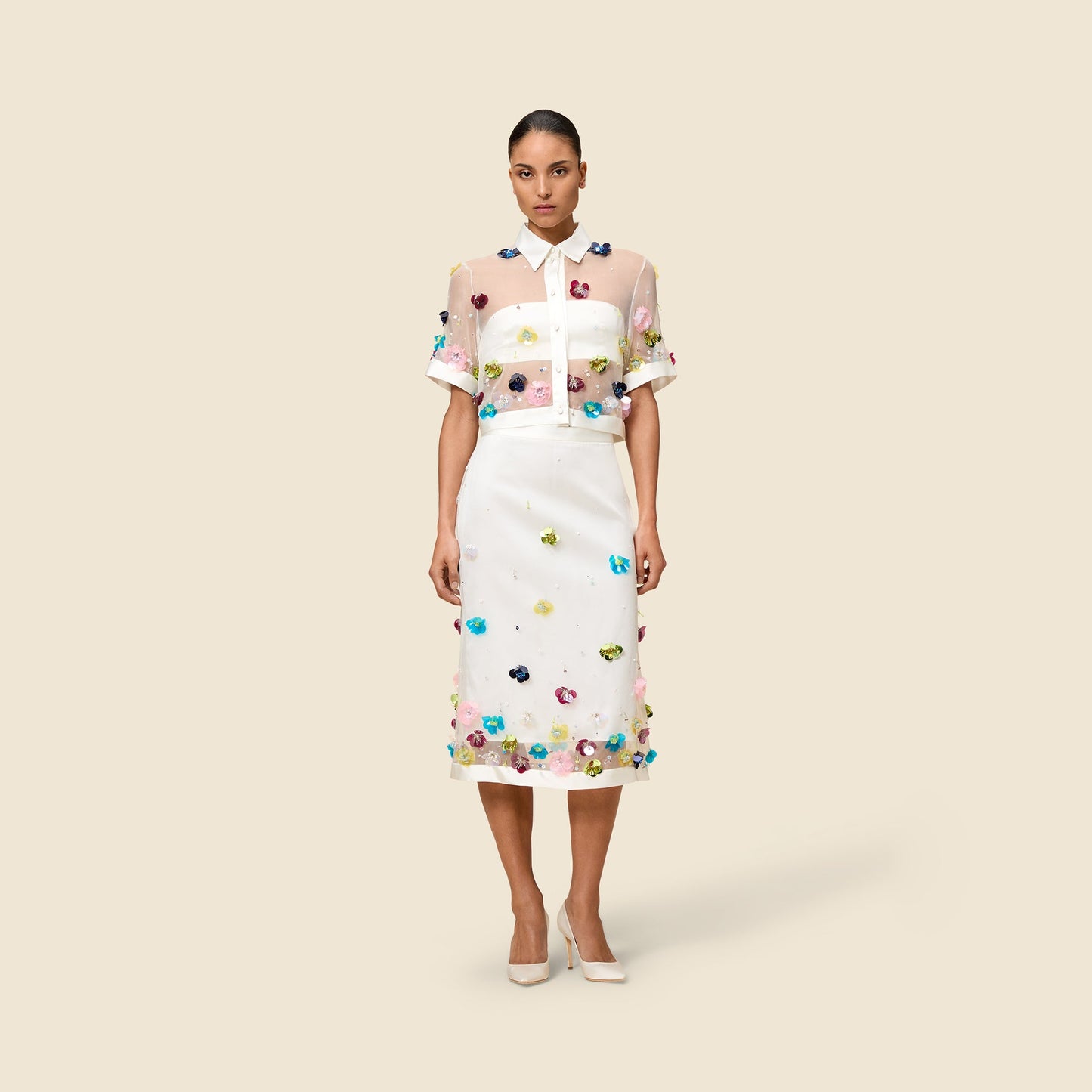 EMBROIDERY SILK MIDI SKIRT
