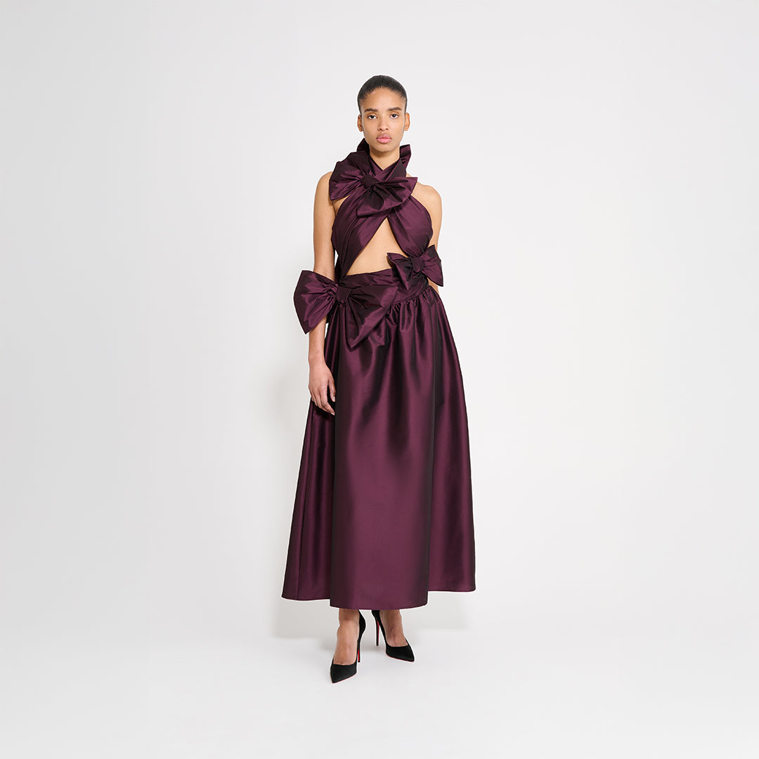 DRAPE BOW TAFFETA GOWN