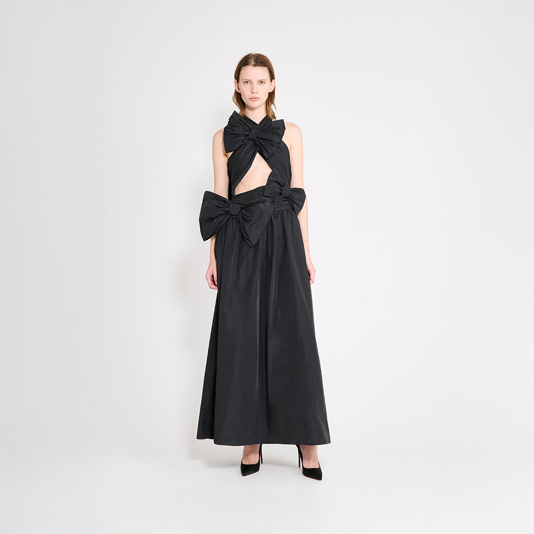 DRAPE BOW TAFFETA GOWN