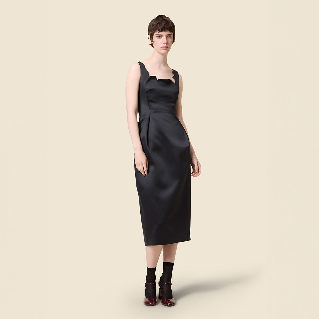 NECK CUT SATIN MIDI DRESS