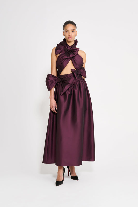 DRAPE BOW TAFFETA GOWN