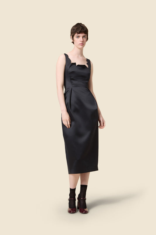 NECK CUT SATIN MIDI DRESS